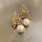 Pair Of Alloy Gold Plated Butterfly Design Pearl Earrings