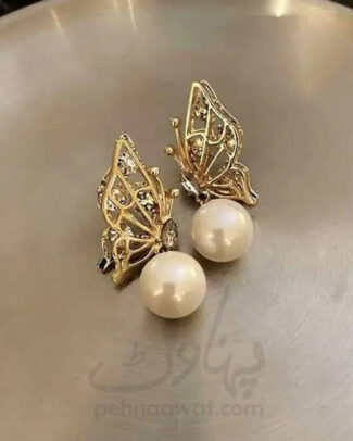 Pair Of Alloy Gold Plated Butterfly Design Pearl Earrings