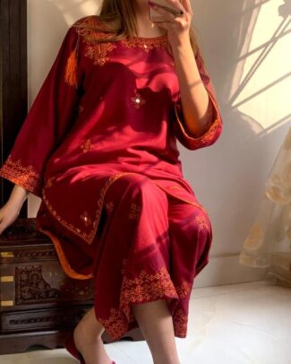 2 Pcs Women's Red Balochi Embroidered Design Suit