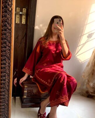 2 Pcs Women's Red Balochi Embroidered Design Suit