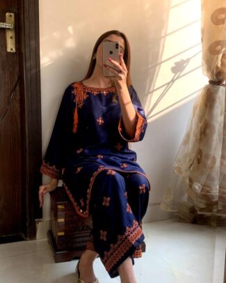 2 Pcs Women's Navy-Blue Balochi Embroidered Design Suit