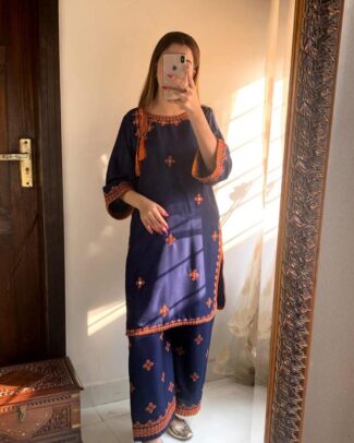 2 Pcs Women's Navy-Blue Balochi Embroidered Design Suit
