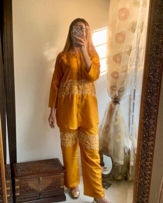 2 Pcs Women's Yellow Round Neck Stitched Embroidered Arabic Lawn Suit