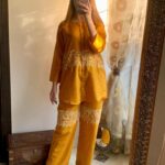 2 Pcs Women's Yellow Round Neck Stitched Embroidered Arabic Lawn Suit