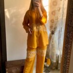2 Pcs Women's Yellow Round Neck Stitched Embroidered Arabic Lawn Suit