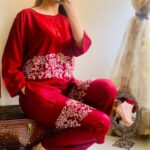 2 Pcs Women's Red Round Neck Stitched Embroidered Arabic Lawn Suit
