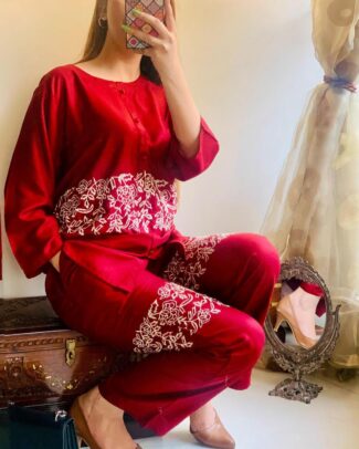 2 Pcs Women's Red Round Neck Stitched Embroidered Arabic Lawn Suit