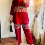 2 Pcs Women's Red Round Neck Stitched Embroidered Arabic Lawn Suit