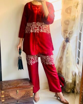 2 Pcs Women's Red Round Neck Stitched Embroidered Arabic Lawn Suit