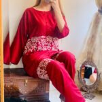 2 Pcs Women's Red Round Neck Stitched Embroidered Arabic Lawn Suit