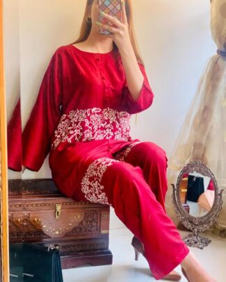 2 Pcs Women's Red Round Neck Stitched Embroidered Arabic Lawn Suit