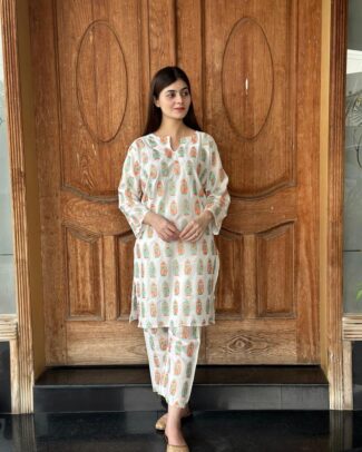 2 PCs Women's White Stitched Printed Arabic Lawn Suit Shirt And Trouser