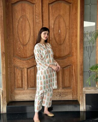 2 PCs Women's White Stitched Printed Arabic Lawn Suit Shirt And Trouser