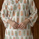 2 PCs Women's White Stitched Printed Arabic Lawn Suit Shirt And Trouser