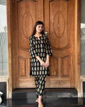 2 PCs Women's Black Stitched Printed Arabic Lawn Suit Shirt And Trouser