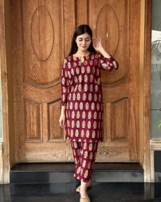 2 PCs Women's Maroon Stitched Printed Arabic Lawn Suit Shirt And Trouser