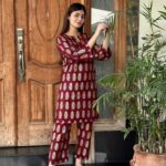 2 PCs Women's Maroon Stitched Printed Arabic Lawn Suit Shirt And Trouser
