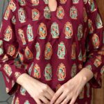 2 PCs Women's Maroon Stitched Printed Arabic Lawn Suit Shirt And Trouser