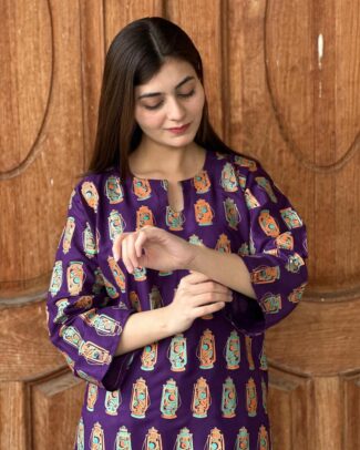 2 PCs Women's Purple Stitched Printed Arabic Lawn Suit Shirt And Trouser