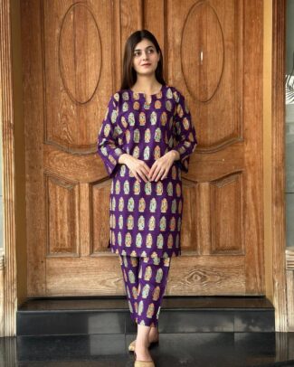 2 PCs Women's Purple Stitched Printed Arabic Lawn Suit Shirt And Trouser