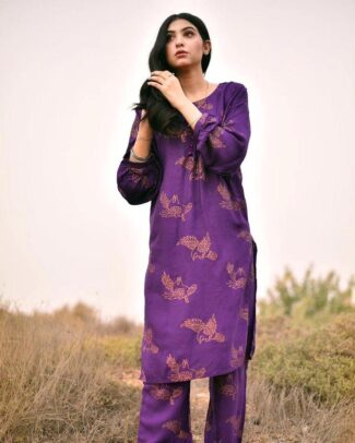 2 Pcs Women's Sparrow Stitched Linen Block Printed Shirt & Trouser
