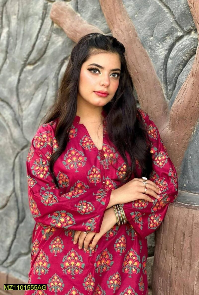2 Pcs Women's Round Neck Linen Block Printed Stitched Suit