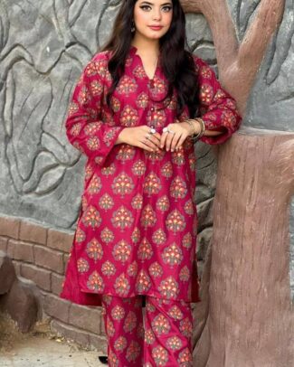 2 Pcs Women's Round Neck Linen Block Printed Stitched Suit