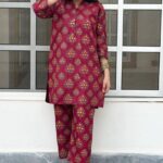 2 Pcs Women's Round Neck Linen Block Printed Stitched Suit