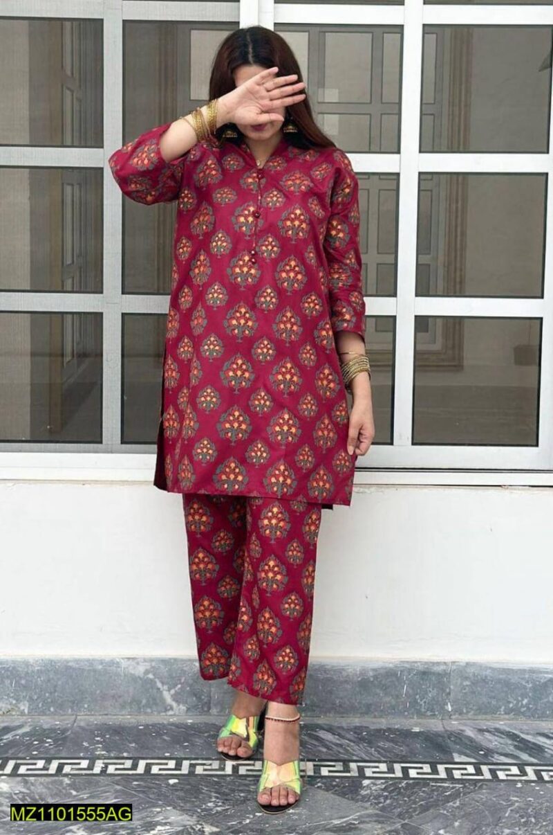 2 Pcs Women's Round Neck Linen Block Printed Stitched Suit
