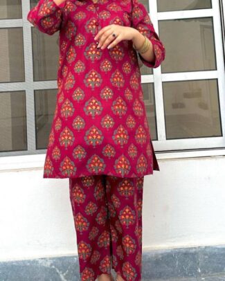 2 Pcs Women's Round Neck Linen Block Printed Stitched Suit