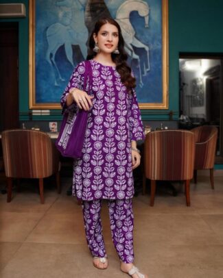 3 Pcs Women's Linen Stitched Block Printed Suit