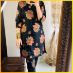 2 Pcs Women's Black Linen Printed Shirt and Trouser