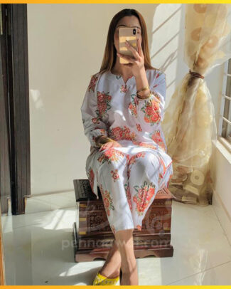 2 Pcs Women's White Linen Printed Shirt and Trouser
